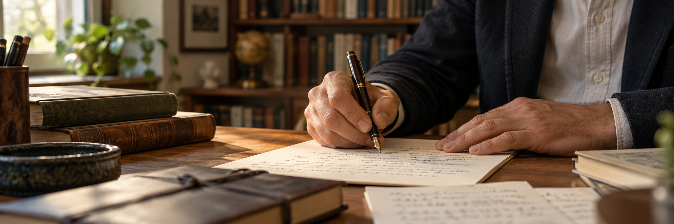 Mãos escrevendo anotações à mesa, entre livros e papéis