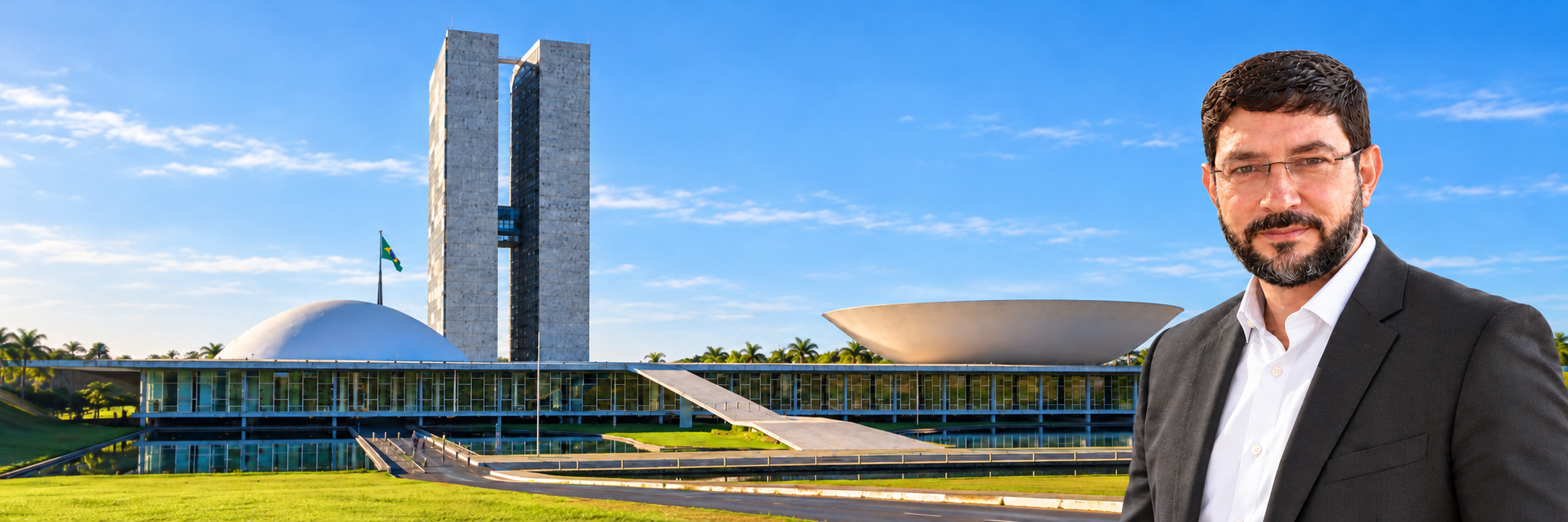 Joanisval Gonçalves diante do Congresso Nacional, com a cúpula do Senado à esquerda
