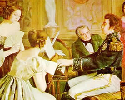 Pintura em que D. Pedro I realiza a execução da peça musical dedicada ao Hino da Independência.  