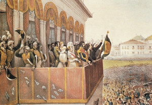 Aclamação de D. Pedro I (12/10/1822), por Debret. Esta foi, durante muito tempo, a imagem da independência do Brasil