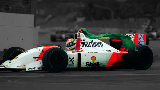 Brazilian Formula One champion Ayrton Senna takes