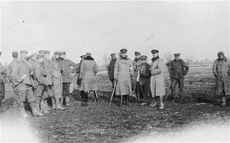 British and German troops meeting in No-Mans's Land during the unofficial truce on Christmas Day in 1914